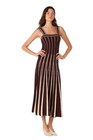 ASTR Marlen Dress in Brown Cream with vertical stripes, square neckline, and fit-and-flare midi silhouette.