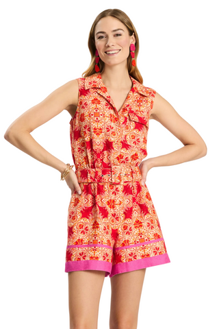 Model wearing Tyler Boe Randi Linen Romper in Multi with mosaic print, sleeveless silhouette, and self-tie belt detail