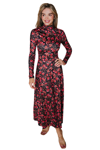 Tristan Dress in Sakura Floral featuring a black midi silhouette with red and pink floral print, high neckline, and long sleeves.