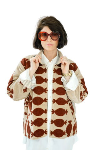 Eleanor James Brand Sgt. Pepper Crew Jacket in Leroy Brown velvet with brown and cream hand-finished Suzani embroidery.