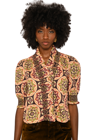 Love the Label Zuri Top in Letters to Hattie Medallion featuring a colorful medallion print, button front, collar, and short puff sleeves.