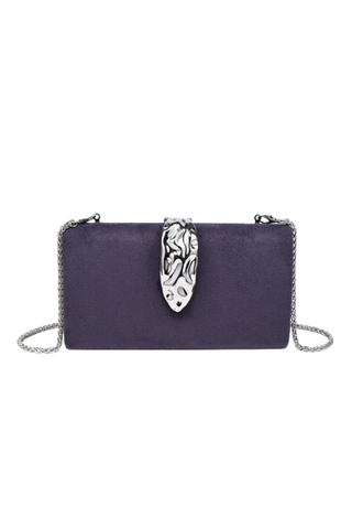 Urban Expressions Babe Clutch in Grape featuring soft purple faux suede, a sculptural metallic clasp, and removable chain strap.