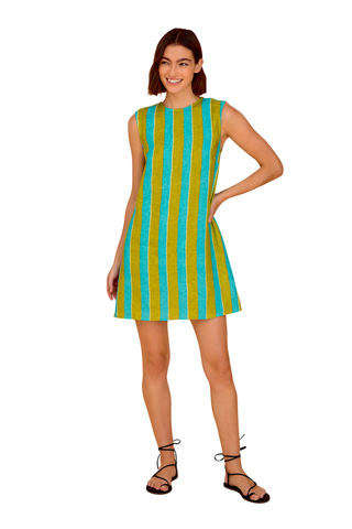 Sleeveless citrus striped mini shift dress in green and turquoise tones by Olivia by Livro