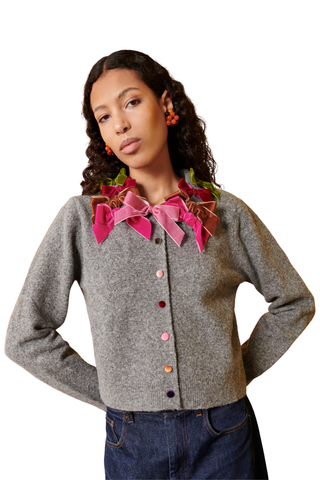 Celia B Brisana Cardigan in grey with pink floral collar detailing, colorful buttons, and long sleeves.