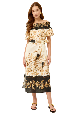 Marie Oliver Lola Dress in Fleuron with off-the-shoulder neckline, relaxed column silhouette, and Mediterranean tile-inspired print in cream, tan, and black