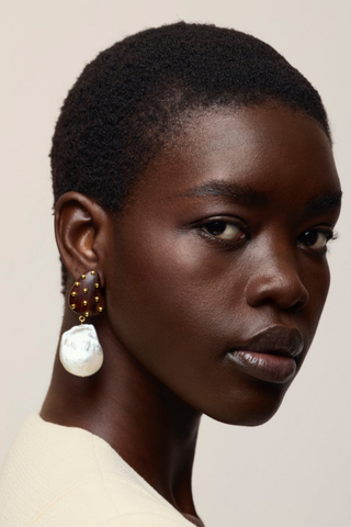 Lizzie Fortunato Orbit Earrings in Pearl featuring acacia wood tops, gold-plated brass details, and hanging freshwater pearl drops.