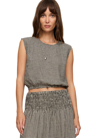 Model wearing the Z Supply Merit Gingham Top in Black with a sleeveless silhouette and elasticized hem.