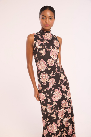 Misa Lila Dress in Autumn Chintz Jersey featuring a black floral print, sleeveless high neckline, and fitted maxi silhouette.