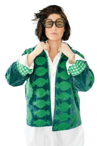 Eleanor James Brand Sgt. Pepper Crew Jacket in Green Onions featuring rich blue velvet with tonal hand-finished Suzani embroidery.