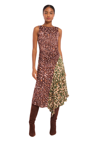 Misa Rohan Dress in Firefly Mix featuring contrasting brown and green printed satin with a sleeveless silhouette and asymmetrical midi hem.