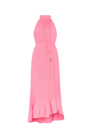 Milly pink pleated halter midi dress with waist tie and high low hemline