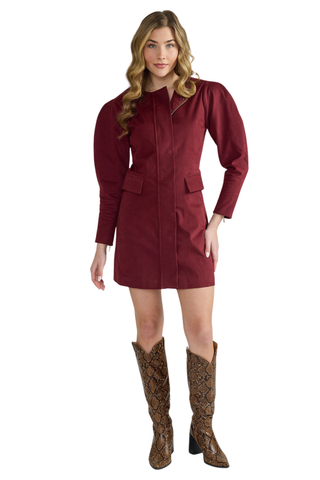 Thomas & Lourdes Kenton Dress in Port featuring a burgundy mini silhouette, long sleeves, and front patch pockets.