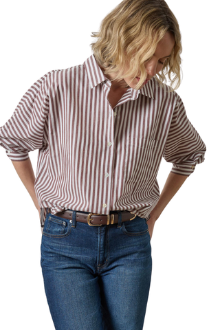 Lilla P Dolman Sleeve Button Down Shirt in Chestnut Stripe featuring a collared button front, relaxed fit, and dolman sleeves.