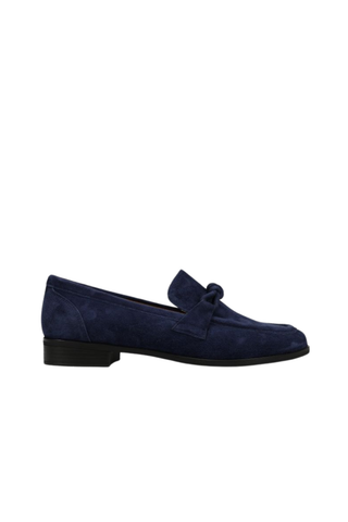 VANELi Kaye Loafer in navy suede featuring an apron toe, knotted keeper strap, and low stacked heel.