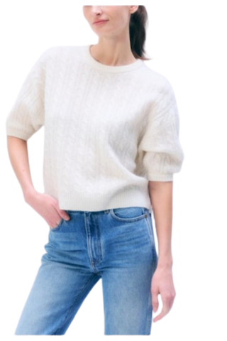 White + Warren Cashmere Cable Short Sleeve Sweater in Soft White featuring a classic cable knit and short sleeves.