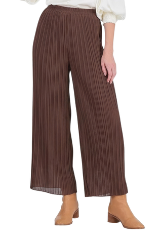 Brown pleated wide-leg pants with a relaxed silhouette.