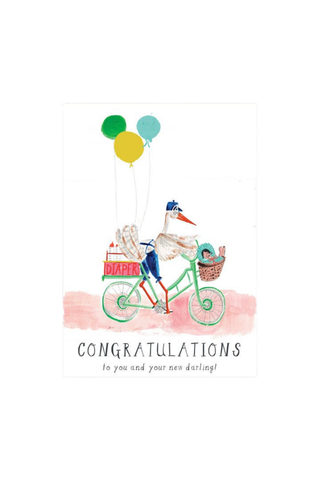 A watercolor-style congratulations card featuring a stork riding a bicycle with balloons and a basket, with the text 'CONGRATULATIONS' and 'to you and your new darling!'.