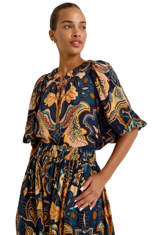 Marie Oliver Wren Top in Saddle featuring a bold Western-inspired print, gathered neckline, and short puff sleeves.