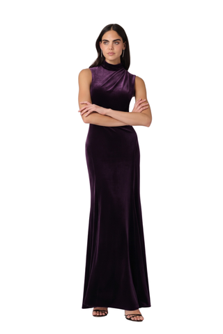 Shoshanna Lorelei Dress in Dark Plum featuring stretch velvet, a high mock neckline, pleated shoulder detail, and floor-length fit-and-flare silhouette.