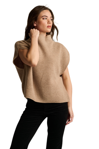 Lisa Todd Pure Popover Sweater in Biscuit featuring a relaxed silhouette, high neckline, short sleeves, and soft neutral knit.