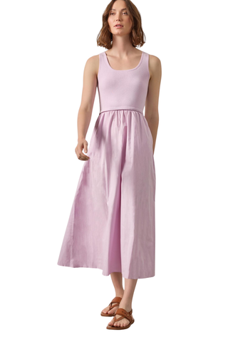 Lavender mixed media midi dress with square neckline, fitted knit bodice, and full cotton skirt by Lilla P