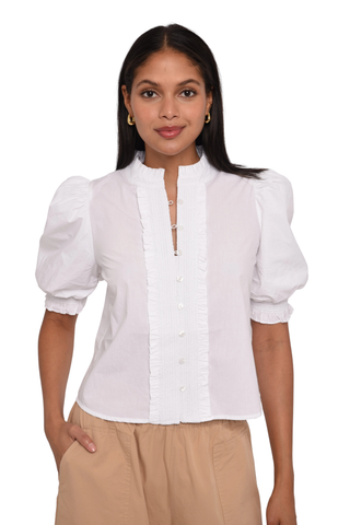 Love the Label Zinny Top in Bright White featuring puff sleeves, delicate trim detailing, smocked cuffs, and a feminine button-front blouse silhouette