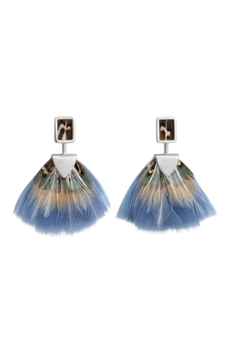 Brackish Sydney Bezel Drop Earrings in Silver featuring handcrafted blue, beige, and white natural feathers with polished silver-plated hardware in a lightweight statement silhouette.