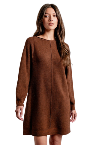 Kerisma Assima Sweater Dress in Brownie featuring a rich chocolate brown knit, long raglan sleeves, center-front piping, and a relaxed mini silhouette.
