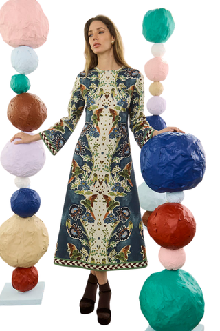 Hunter Bell Townes Dress in Birds of a Feather Navy featuring a colorful allover print, long sleeves, and flowing maxi silhouette.
