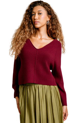 Kerisma Asima 'V' Top in Plum Berry featuring a V-neckline, long raglan sleeves, center-front piping, and rolled hem details.