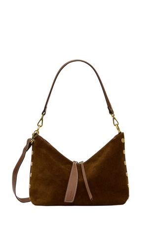 Hammitt Grace Med Handbag in Cinnamon Suede with antique gold hardware, brown leather trim, V-shaped top edge, and detachable straps.