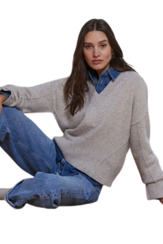 Autumn Cashmere Boxy Reversed Seam Sweater in Mojave featuring a soft neutral knit, crew neckline, long sleeves, and relaxed boxy fit.