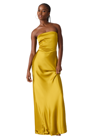 Steve Madden Elaia Dress in Oilspill featuring a strapless satin maxi silhouette with a statement back tie detail.