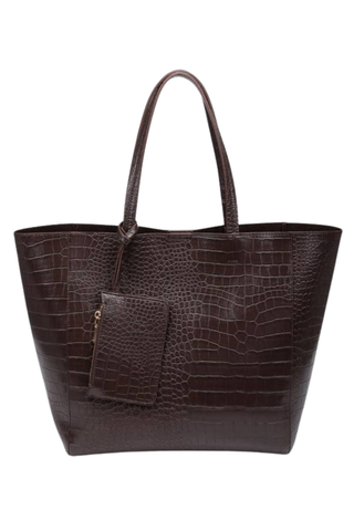 Urban Expressions Elisah Tote in Espresso featuring crocodile-embossed vegan leather, long shoulder straps, and a structured spacious silhouette.