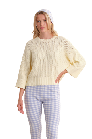 525 Sequoia Boxy Tee Lemon Icing open stitch knit relaxed short sleeve sweater top with ribbed trim styled with gingham pants