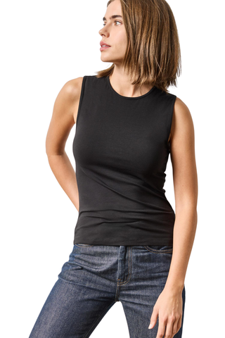 Lilla P High Neck Tank in Black featuring a fitted sleeveless silhouette and high neckline.