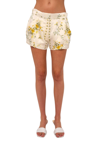 Love the Label Kaye Shorts Estelle floral print cream shorts with yellow flowers and elastic back waistband