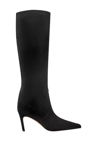 Marc Fisher Callena Boot in black featuring a knee-high leather silhouette, pointed toe, inside zip, and slim stiletto heel.