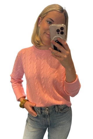 White + Warren Cashmere Cable Crewneck in Candy Pink featuring classic cable knit detailing.