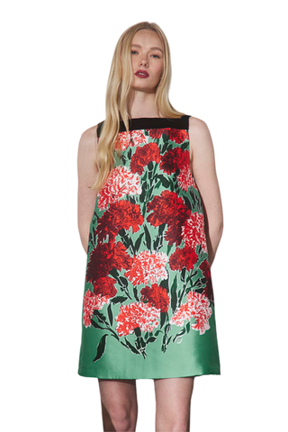 Hunter Bell Roarke Dress in Evergreen Conservatory featuring a green floral print, straight neckline, velvet trim, and mini shift silhouette.
