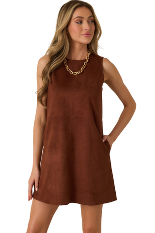 Prosperina Savoy Vegan Suede Dress in Brownstone featuring a sleeveless mini silhouette in a warm brown suede-inspired finish.