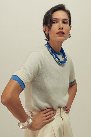 Lizzie Fortunato Laguna Necklace in Sky Blue featuring recycled glass beads and gold-plated hardware.