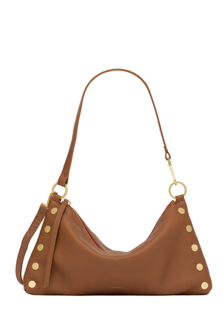 Hammitt Kyle Handbag in Mahogany Pebble featuring warm brown pebbled leather, brushed gold hardware, rivet detailing, and a slouchy silhouette.