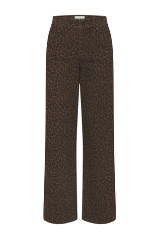 FRAME Le Slim Palazzo jeans in an allover brown and black leopard print with a high rise and wide-leg silhouette.