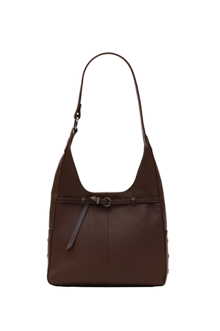 Hammitt Tim Med Handbag in Belted Espresso featuring dark brown pebbled leather, a soft hobo silhouette, belt detail, and gunmetal hardware.