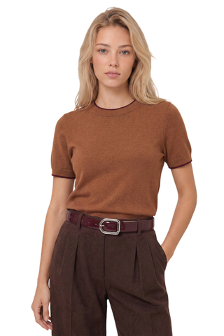 525 America Augusta Sweater Tee in Carob brown featuring short sleeves, a crew neckline, and subtle contrast trim.