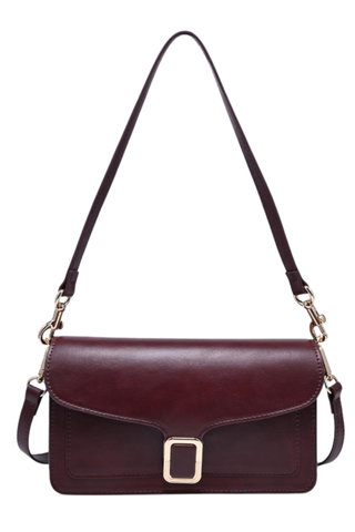 Urban Expressions Coco Crossbody in Wine featuring a structured vegan leather silhouette, flap front, buckle detail, and detachable strap.