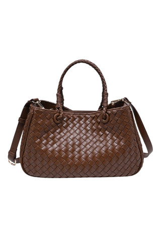 Urban Expressions Karym Satchel in Chocolate featuring woven brown vegan leather, braided top handles, a structured silhouette, and an adjustable detachable shoulder strap.