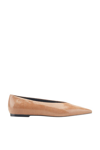 Marc Fisher Casee Flat in Tan featuring a pointed toe, leather upper, and elegant V-cut topline.