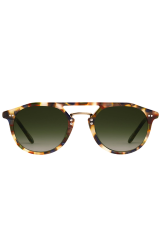 Krewe Markle Sunglasses in Tuscan Tortoise featuring a rounded tortoise acetate frame, gold-tone metal bridge, and dark green gradient lenses.